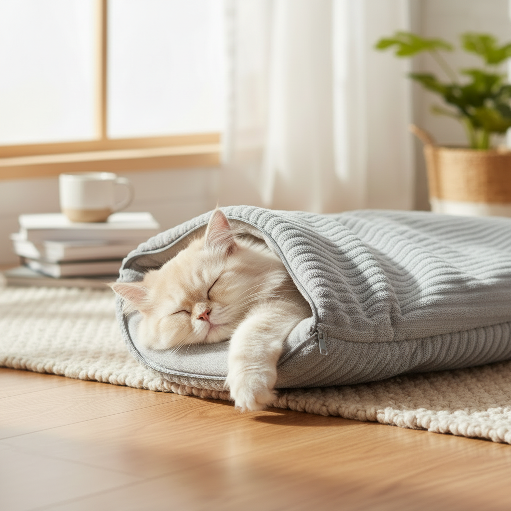 Gatinho dormindo no saco de dormir cinza macio
